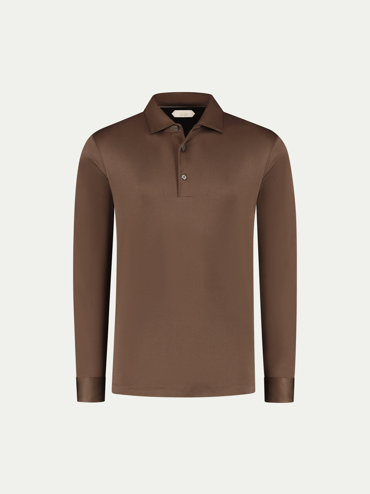 Aurélien longsleeve polo van Egyptisch katoen in chocolade bruin, vooraanzicht